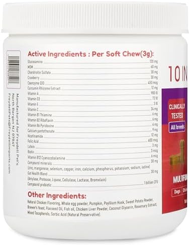 Freydell Pets 10-in-1 Multivitamin Dog Supplement – Glucosamine & Chondroitin Joint Support, Probiotics for Gut Health, Omega Fish Oil Skin & Coat, Immune & Allergy Support Vitamins (120 Chews)