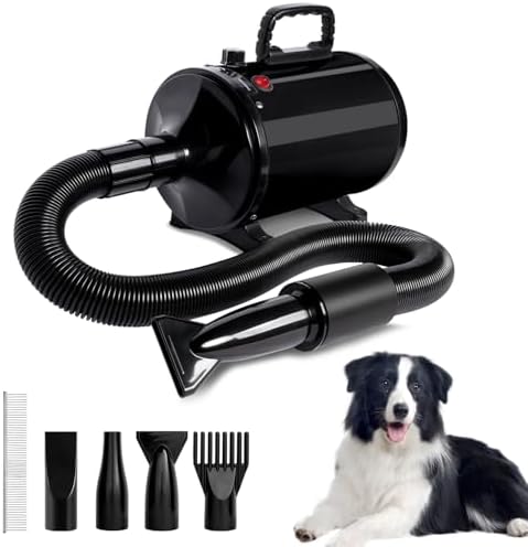 IVY&LANE Dog Hair Dryer for Pet Grooming,High Velocity Dog Dryer Force Blower with 4 Nozzles,Adjustable Speed and Temperature Control Dogs Blow Dryer,Noise Reduction,Black