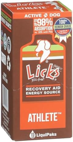 Licks Active Dog - Muscle Recovery & Energy Support for Active Dogs - Amino Acids, L-Carnitine, Glucosamine, Omega-3 Fish Oil & Vitamin B6 - Pill-Free Liquid Packets - Chicken Flavor - 15 Packets
