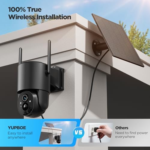 YUPBOE Security Cameras Wireless Outdoor Solar: Battery Cameras for Home Security WiFi Camera Outdoor Surveillance Camera PTZ 360° CCTV Cam System with Floodlight Color Night Vision PIR Sensor