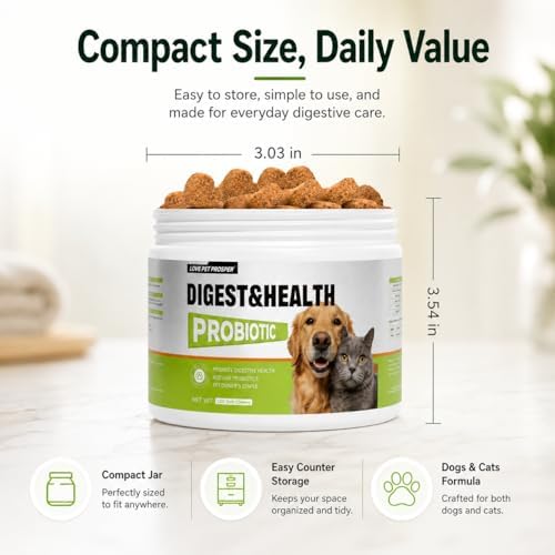 Pets Probiotic Chews for Digestive Health & Gut Health Support, 5-Strain Blend, Prebiotics & Enzymes, Pumpkin, Papaya, Skin & Coat, Immune Support, Chicken Flavor, 100 Count