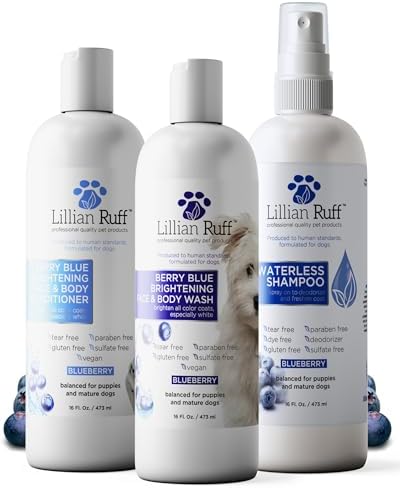 Lillian Ruff PRO Formula Berry Blue Brilliance Bundle - Ultimate Tear Stain & Odor Eliminator Set, Includes Berry Blue Shampoo, Conditioner & Waterless Shampoo, Hydrate, Soften & Detangle, USA Made