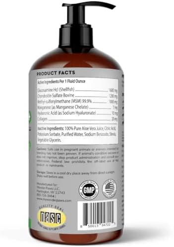 WONDER PAWS Premium Liquid Glucosamine for Dogs Strength Joint Support, Flexibility, Cartilage & Mobility - Hip and Joint Supplement with Chondroitin, MSM, Collagen & Hyaluronic Acid (32 Oz)