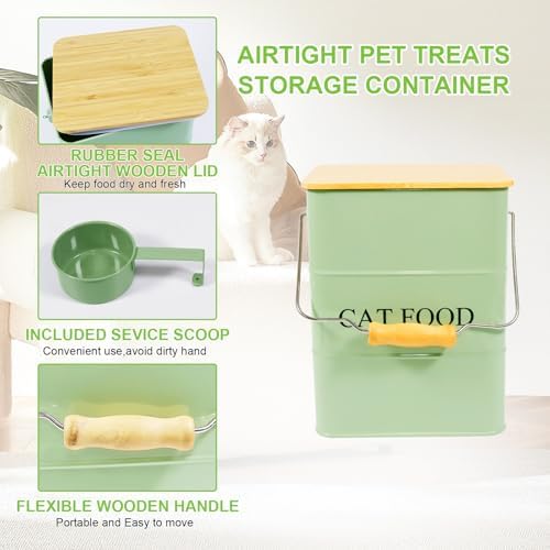 Cat Food storage container Cat Treats Jar,5~6 lb Metal food treats tin for Cat, pet snacks Canisters with wooden lid/handle/sevice scoop-Green