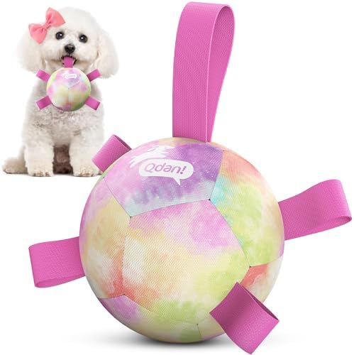 QDAN Dog Soccer Ball with Straps, Small Puppy Durable Dog Toys, 5 Inch | Balls for Tug, Puppy Birthday Gifts For Small Dogs, Water Pool Toy, Training Pet Puppy Toys for Dog Mentally Stimulating