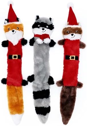 ZippyPaws Skinny Peltz for Medium and Large Dogs - Holiday 3-Pack | No Stuffing Dog Toys to Keep Them Busy, Squeaky Unstuffed Chew Toy for Pets, Soft Plush Variety Pack, Fox, Raccoon & Squirrel