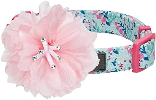 Blueberry Pet Floral Power Lily of The Valley Designer Teal Green Adjustable Dog Collar with Detachable Pink Peony, Medium, Neck 14.5"-20"