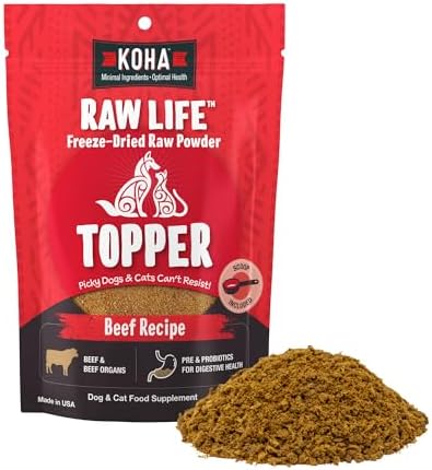 KOHA Raw Life Freeze-Dried Raw Topper Beef for Dogs and Cats, High Protein Meal Topper for Picky Eaters with Probiotics, 8oz Bag