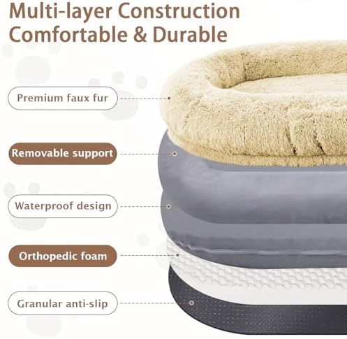 ROOMTEC Human Dog Bed, 71''x45''x12'' Size Fits Adult and Pet Washable Giant People Bed 10 CM Thick Memory Foam Large Oversize Pet Bed with Plump Pillow, Blanket, Strap - Beige