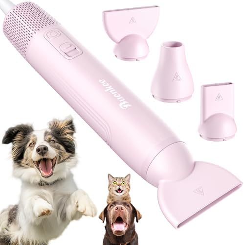 Buenkee Handheld Dog Dryer, 3HP High-Velocity Pet Hair Blower, Pink | 12 modes with 3 speeds and 4 temps, 1.2 lb lightweight, quiet under 65 dB, portable for home and travel, includes 3 nozzles