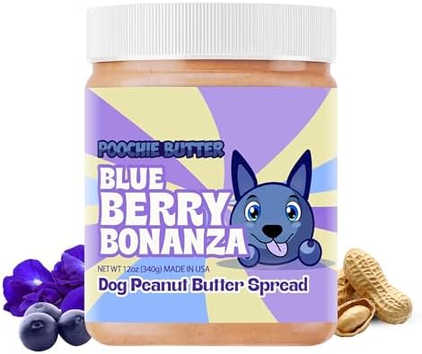 Poochie Butter Blueberry Dog Peanut Butter - Made in USA, Creamy Spread for Lick Mats & Food Toppers - Dry Roasted Peanuts Non-GMO No Sugar Added Dog Treats | 12 oz (Pack of 2)