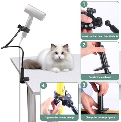 Dog Hair Dryer Holder, Black Alloy Adjustable Lazy Hair Dryer | Hands Free Stand with 360° Rotatable Clamp for Pet Dog Cat Grooming