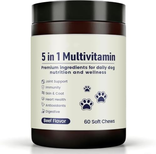 Multivitamin Daily Soft Chews for Dog, 5 in 1 multivitamin for Hip & Joint, Heart Health, Skin & Coat, Gut & Immune Support, with Probiotics, Vitamin A/D3/E, Beef Flavor, 60 Chews (1)
