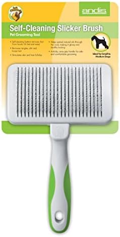 Andis 40160 Self-Cleaning Animal Slicker Brush - Grooming Brush for Pet Deshedding Fur - Reduces Shedding Up to 90%, Removes Tangles, Dirt & Loose Hair - Ideal Gift for Pet Lovers – White,Silver
