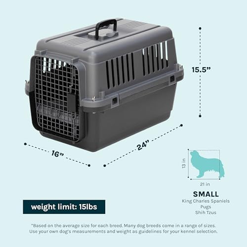 SportPet Airline Compliant Small 24" Travel Dog Kennel - Durable Plastic Airline Pet Carrier (No Wheels) & Food Bowls, Collapsible Indoor/Outdoor Dog Kennel, Dogs up to 21" L & 13" H - Dark Gray