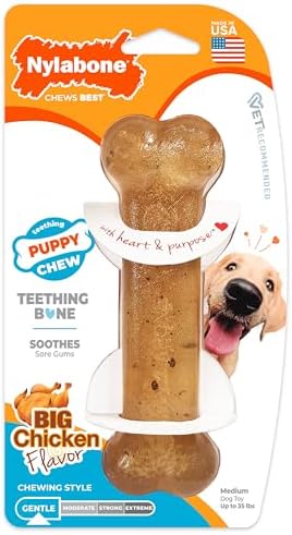 Nylabone Puppy Chew Teething Bone Dog Chew Toy, Chicken Flavor, Medium | For medium breed puppies up to 35 lbs, soothing teething toys for puppies, puppy enrichment, freeze for added comfort