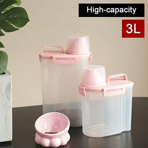 Pet Food Storage Container,3L Large Pet Cat Food Containers Bin with Lids,Kitchen Cereal Rice Storage Bin with Measuring Cup Silicone Bowl For Storage Dog Cat Small Pet Food (Pink)