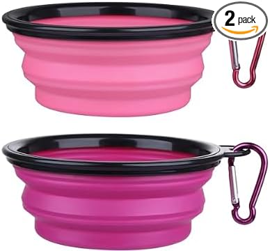 Collapsible Pet Bowl Set with Carabiner Clip, Purple & Pink