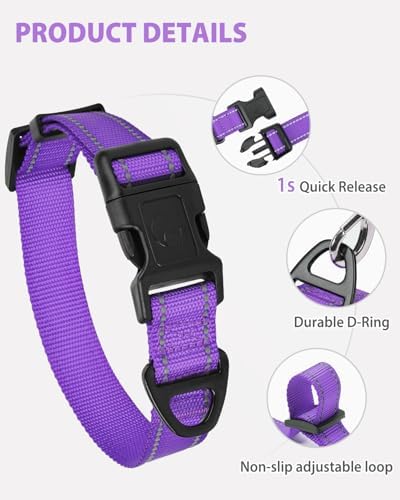 Joytale Dog Collar (10-16") and 6FT x 3/4" Wide Dog Leash Set, Reflective and Adjustable Nylon Collar and Padded Handle Leash for Small Dogs, Purple, S