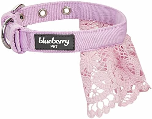 Blueberry Pet Floral Lace Adjustable Dog Collar in Lavender with Metal Buckle, Neck 13-16.5", for Medium Breed