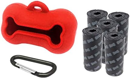 5 Rolls Portable Silicone Bone Shape Dog Poop Bags with Dispenser - Plastic Dog Pooper Bags Holders Refills Trash Can - Dog Pooper Scoopers & Bags for Outdoor Leash Travel (Red)