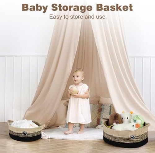 Optish Dog Toy Basket, Toy Box and Bin for Dog Cat Storage, 13.5" X 11" X 5" Small Woven Rope Basket for Baby Storage, Closet, Living Room, Brown & Black