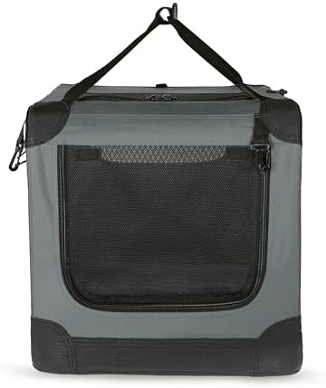 Amazon Basics 4-Door Portable Folding Soft Dog Crate, Collapsible Travel Kennel for Cat, Dog, and Small Animals, Pop Up with Fleece Mat, Water-Resistant Base, Grey, 36" x 24" x 24"