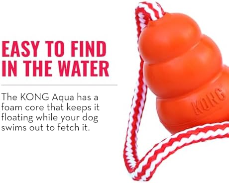 KONG Aqua Floating Fetch Toy, Natural Rubber, Orange, for Medium Dogs | Floating KONG Natural Rubber Water Toy with Foam Interior & Rope for Farther Throwing & Easy Retrieval Play