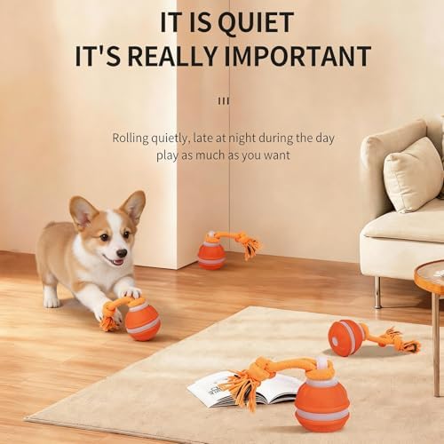 Interactive Dog Toy, Automatic Rolling Ball with Bird Sound, 3 Mode Pet Toy | Smart rolling ball, dental chew rope, Type-C charge, LED indicator, indoor exercise for small medium dogs cats, orange