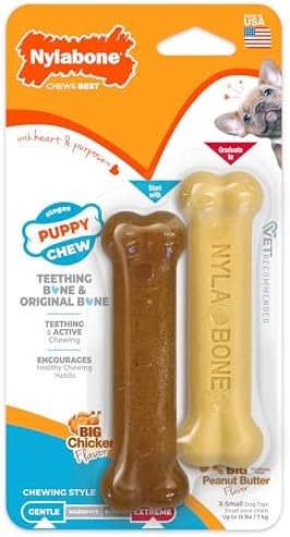 Nylabone Puppy Chew Teething Bone & Original Bone Dog Chew Toys, 2 Count | X-small chew bones for puppies up to 15 lbs, chicken & peanut butter flavor, soothing teething toys for puppies