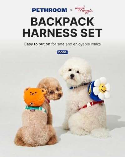 PETHROOM × Wiggle Wiggle Smile We Love Dog Backpack Harness with Leash – Cute Flower-Shaped Mini Backpack, No-Pull Adjustable Harness for Small Medium Dogs, Ideal for Travel, Camping & Hiking (Large)