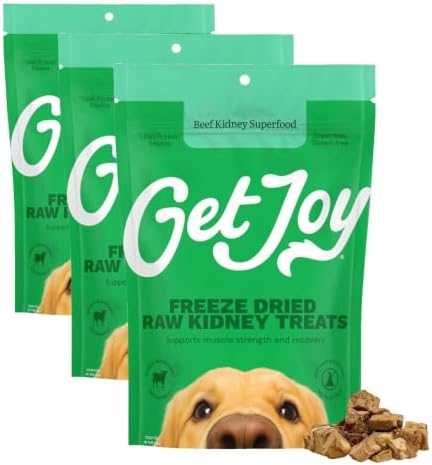 Get Joy Freeze Dried 100% Beef Kidney Dog Treats, 4oz | Single Ingredient Organ Meat, High Protein Raw Dog Food Topper, Snack & Training Rewards | Grain Free, Gluten Free, Filler Free (Pack of 3)