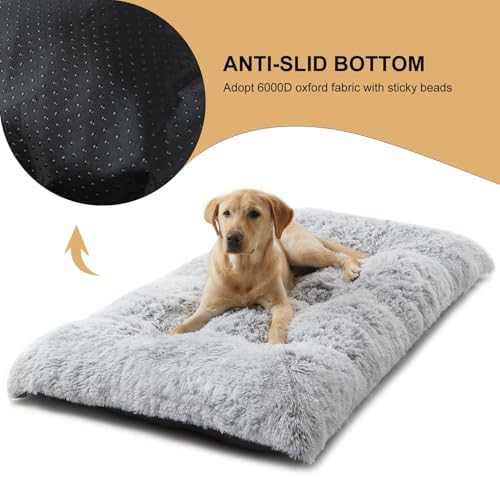 BFPETHOME Dog Bed for Large Dogs, Plush Kennel Pad for Sleeping &Ease Anxiety, Washable Mats with Anti-Slip Bottom - 53 x 36 inch, Grey