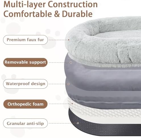 ROOMTEC Human Dog Bed, 71''x45''x12'' Size Fits Adult and Pet Washable Giant People Bed 10 CM Thick Memory Foam Large Oversize Pet Bed with Plump Pillow, Blanket, Strap - Grey