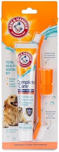 Arm and Hammer Complete Care Dog Dental Kit, Chicken Flavor, 2.5 Oz | Enzymatic toothpaste, toothbrush, and finger brush with baking soda and calcium for plaque and tartar control