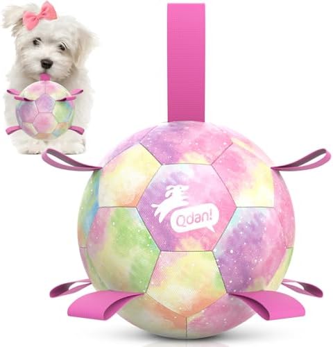 QDAN Dog Balls, Dog Soccer Ball with Straps,Puppy Girl Dog Toys, 6 Inch | Pink Puppy Toy Balls for Small Medium Dogs, Outdoor Dog Water Pool Toys, Dog Soccer Ball Toy, Pet Birthday Gifts, Rainbow