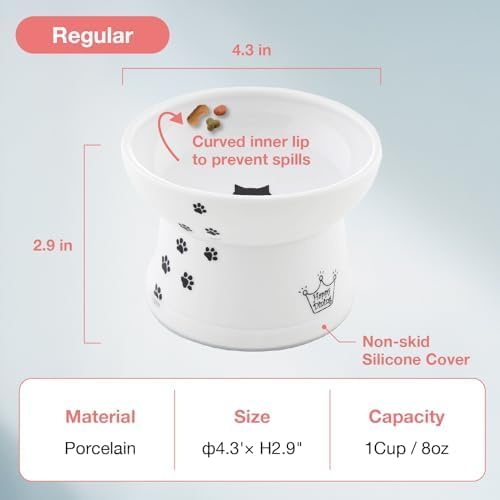 Necoichi Raised Cat Food Bowl – Ceramic Elevated Cat Bowl for Whisker & Neck Fatigue, Dishwasher Microwave Safe – Non-Slip & Anti Vomiting Ergonomic Design (Cats, Regular, 1-Cup Capacity)