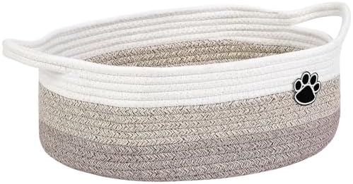 Optish Dog Toy Basket, Toy Box and Bin for Dog Cat Storage, 13.5" X 11" X 5" Small Woven Rope Basket for Baby Storage, Closet, Living Room, White & Brown