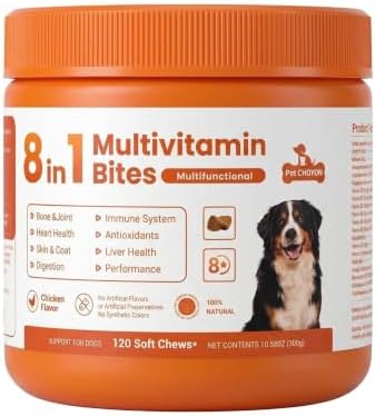 8-in-1 Multivitamin Bites for Dogs - Glucosamine, Chondroitin, Omega-3, Probiotics for Joint, Skin, Gut & Immune Support, Chicken Flavor, 120 Soft Chews