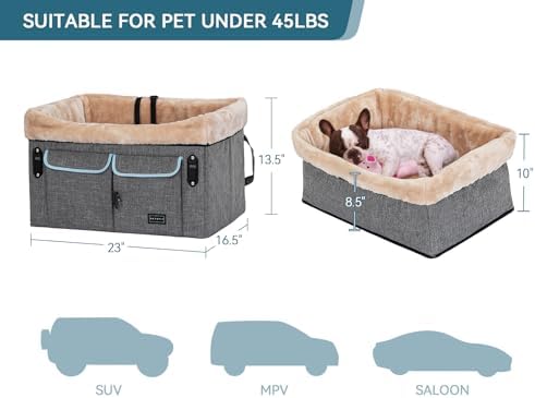 Petsfit Dog Car Seat, Medium/2 Small Dogs Up to 45 lbs, Washable Pad, Light Grey