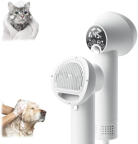 Noise-Wide Hairdryer for Pets with Slicker Brush, 2024 New Pet Hair Dryer, Low Noise Dog Hair Dryer for Small and Medium Dogs and Cats (White)