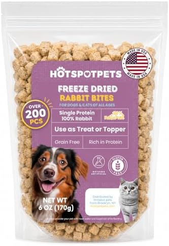 hotspot pets Freeze Dried Rabbit Treats for Dogs & Cats – Raw Single Protein Rabbit Bites Training Rewards & Food Topper – Grain Free, Low Calorie, USA Made – (6 Ounce ~200+pcs)
