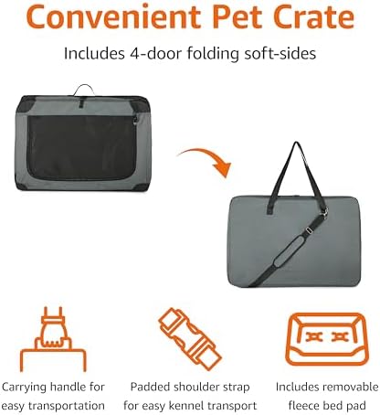 Amazon Basics 4-Door Portable Folding Soft Dog Crate, Collapsible Travel Kennel for Cat, Dog, and Small Animals, Pop Up with Fleece Mat, Water-Resistant Base, Grey, 36" x 24" x 24"
