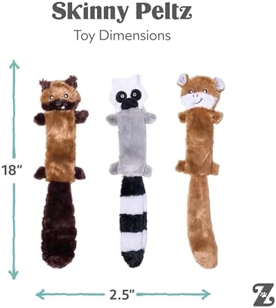 ZippyPaws Skinny Peltz No Stuffing Dog Toy Pack to Keep Them Busy - 18" | For Medium and Large Dogs, Squeaky Pet Toys, Unstuffed Chew Toys, Soft Plush Variety Pack, Chipmunk, Lemur, and Monkey