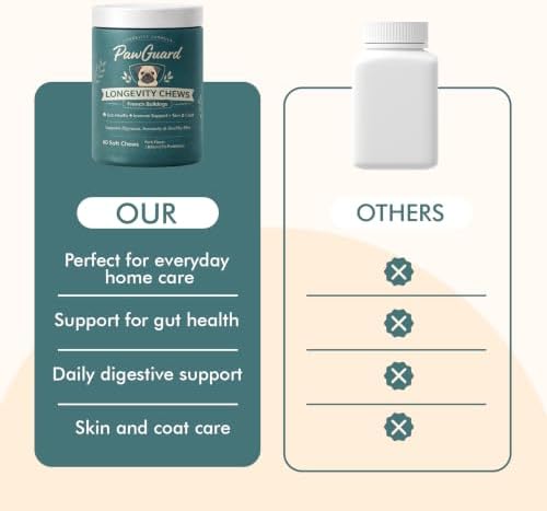 PawGuard French Bulldog Longevity Chews, Probiotics Digestive Enzymes Glucosamine and Chondroitin Soft Chews, Pork Flavor, Gut Skin Coat Immune Joint Support, 60 Count