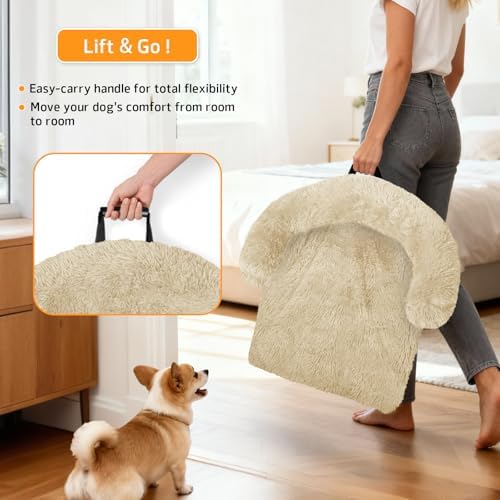 Calming Dog Bed Fluffy Plush Dog Mat for Furniture Protector with Removable Washable Cover for Large Medium Small Dogs and Cats (Large, Beige)