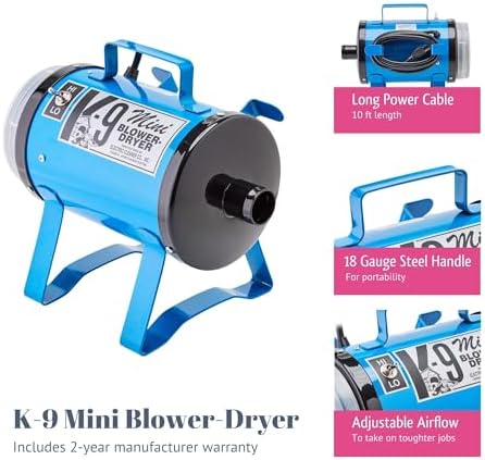 Electric Cleaner Company ECC Mini K-9 High-Velocity Dog Dryer – Portable Pet Blow Dryer with 2 Speeds, 10' Hose & Tips, Metallic Blue
