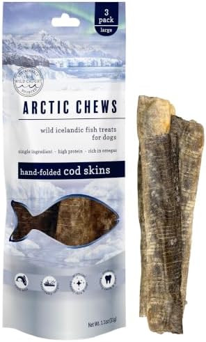 Hand-Folded Cod Skin Dog Treats, Single Ingredient Wild-Caught Icelandic Fish Skins, High Protein Natural Dental Chews, Omega-3 Rich Grain-Free Dog Treats, 3 Pack
