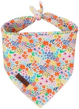 Lionet Paws Spring Summer Wildflowers Cosmos Corn Dog Bandana Washable Cotton Handkerchief Scarf Triangle, Large (Pack of 1), Medium, White