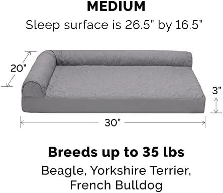 Furhaven Cooling Gel Dog Bed for Medium/Small Dogs w/ Removable Bolsters & Washable Cover, For Dogs Up to 35 lbs - Pinsonic Quilted Paw L Shaped Chaise - Titanium, Medium